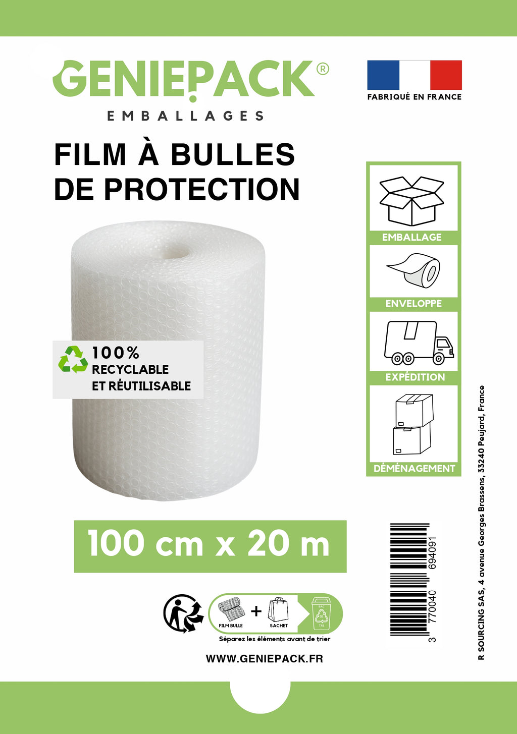 Rouleau film à bulles 100 cm x 20 m