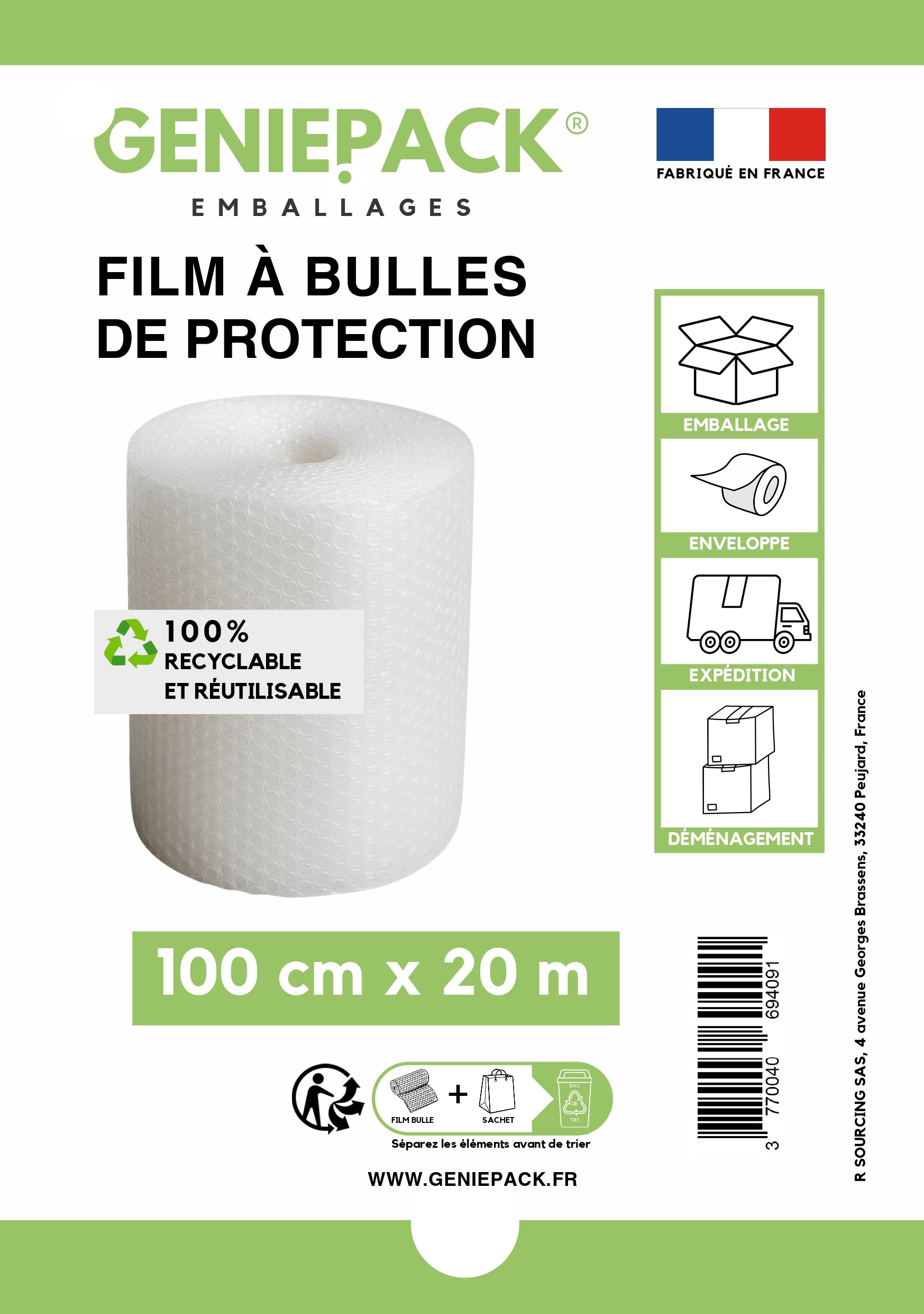 Rouleau film à bulles 100 cm x 20 m