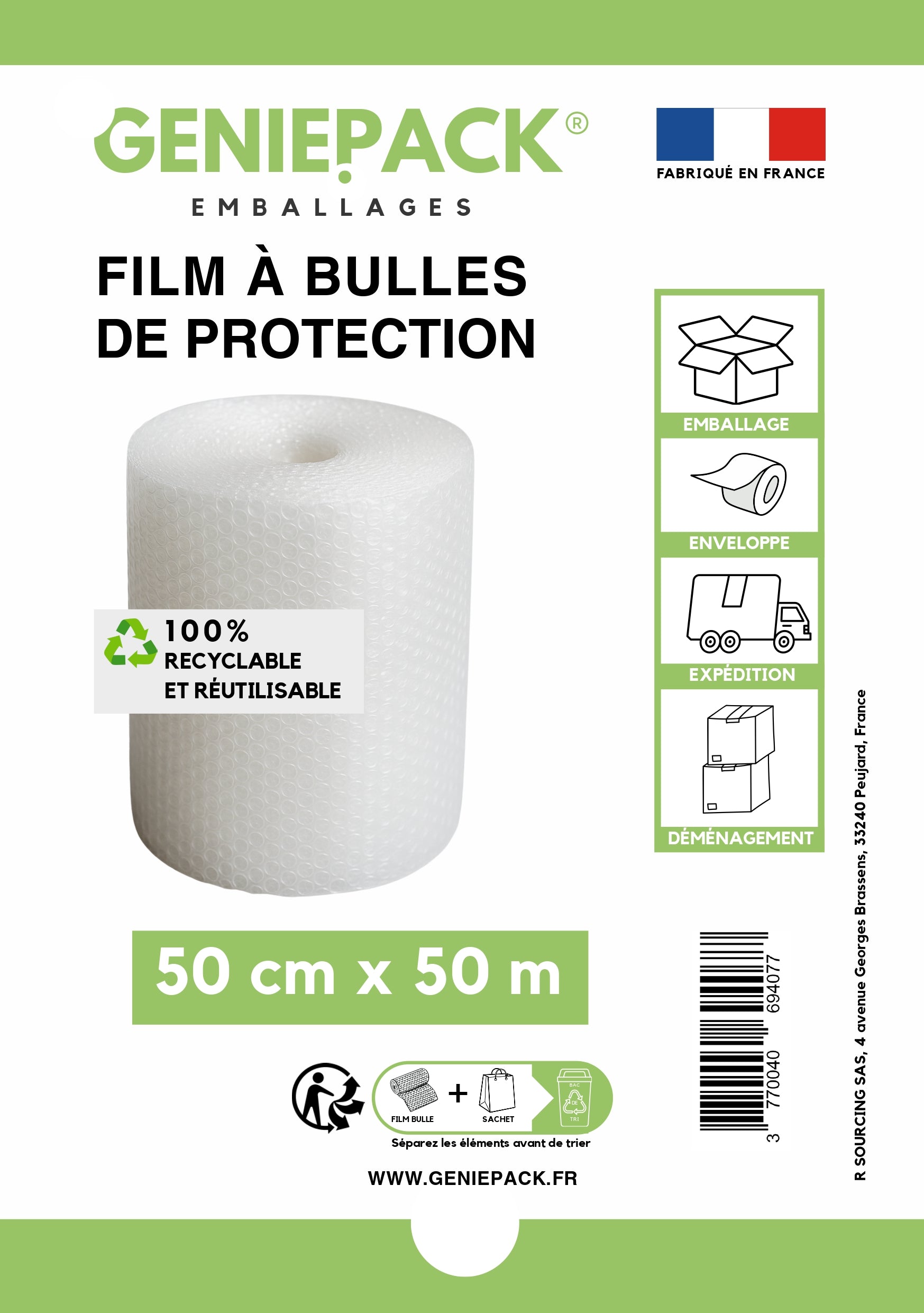 Rouleau film à bulles 50 cm x 50 m